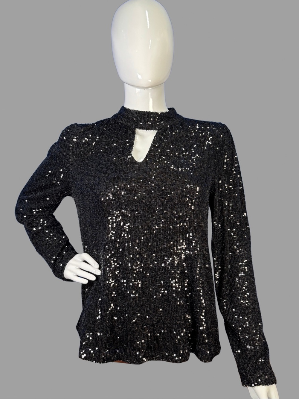 Cable & Gauge Black Sequin Keyhole High-Neck Long-Sleeve Top
